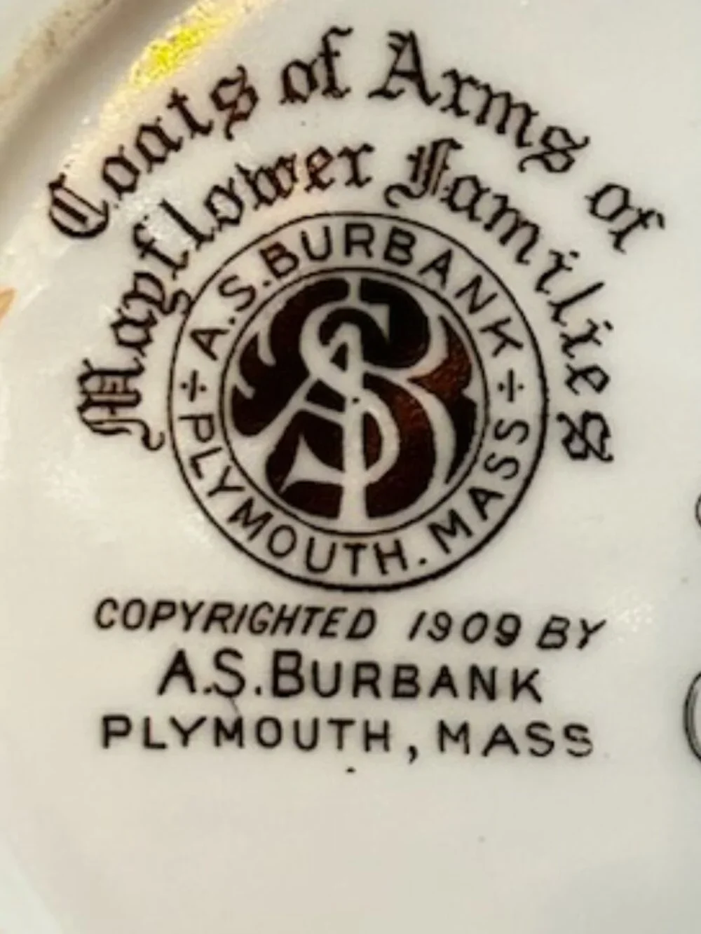 Rare Antique Souvenir Plate of Mayflower Family Coat of Arms of the 9 families